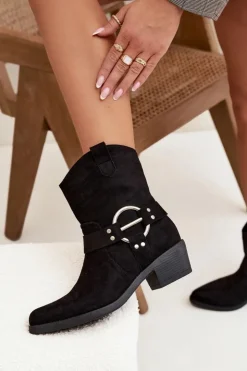 Boto Botki Na Słupku|Botki Na Obcasie*Botki Kowbojki Damskie Na Obcasie Z Ozdobnym Detalem Czarne Halivine