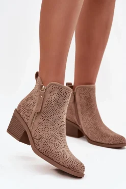 Hot Damskie buty S.Barski Botki Kowbojki Damskie Na Obcasie S.Barski HY52-538 Beżowe Beżowy