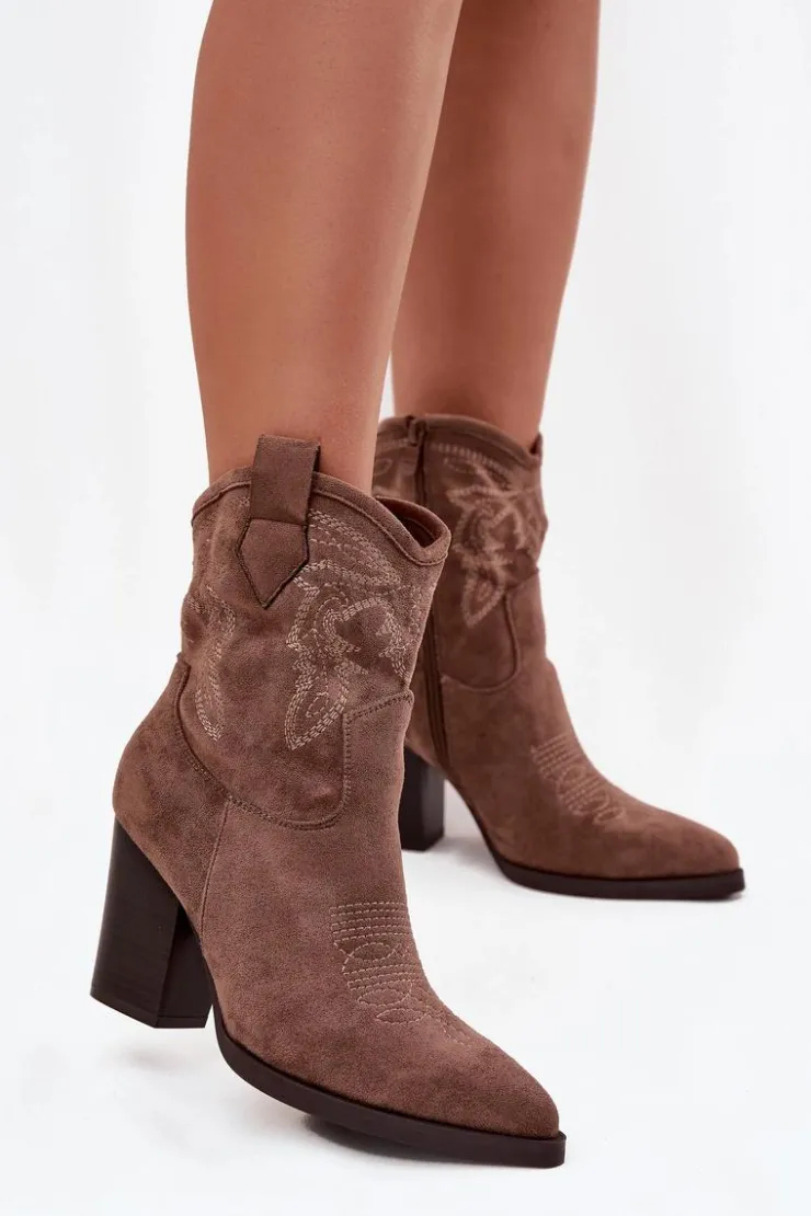 New Boto Botki Kowbojki Damskie Na Słupku Eko Zamszowe Ciemnobeżowe Carissa Beżowy