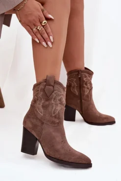 New Boto Botki Kowbojki Damskie Na Słupku Eko Zamszowe Ciemnobeżowe Carissa Beżowy