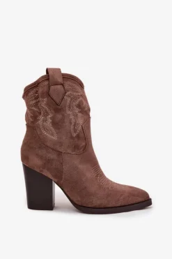 New Boto Botki Kowbojki Damskie Na Słupku Eko Zamszowe Ciemnobeżowe Carissa Beżowy