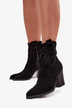 Damskie Boto Botki Kowbojki Damskie Na Słupku Eko Zamszowe Czarne Carissa