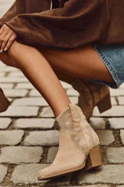Boto Botki Ocieplane|Botki Na Słupku*Botki Kowbojki Damskie Ocieplane Ze Zdobieniem Na Słupku Beżowe Arabella