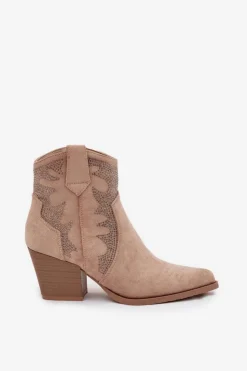 Boto Botki Ocieplane|Botki Na Słupku*Botki Kowbojki Damskie Ocieplane Ze Zdobieniem Na Słupku Beżowe Arabella