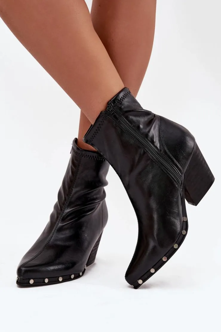 Boto Botki Ocieplane|Botki Na Słupku*Botki Kowbojki Damskie Z Eko Skóry Na Słupku Czarne Abrielle Czarny