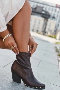 Damskie Boto Botki Kowbojki Damskie Z Eko Skóry Na Słupku Brązowe Abrielle