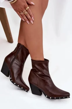 Damskie Boto Botki Kowbojki Damskie Z Eko Skóry Na Słupku Brązowe Abrielle
