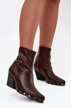 Damskie Boto Botki Kowbojki Damskie Z Eko Skóry Na Słupku Brązowe Abrielle