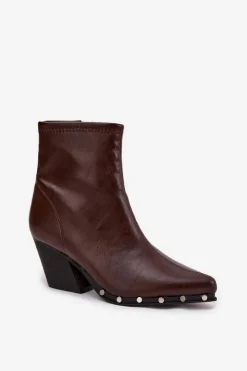 Damskie Boto Botki Kowbojki Damskie Z Eko Skóry Na Słupku Brązowe Abrielle