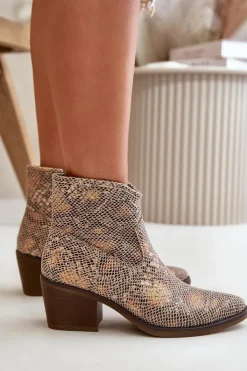 Boto Botki Ażurowe|Brązowe I Beżowe Botki*Botki Kowbojki Damskie Zapinane Na Zamek Zwierzęcy Wzór Złote Merisine
