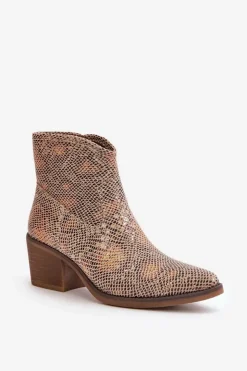Boto Botki Ażurowe|Brązowe I Beżowe Botki*Botki Kowbojki Damskie Zapinane Na Zamek Zwierzęcy Wzór Złote Merisine