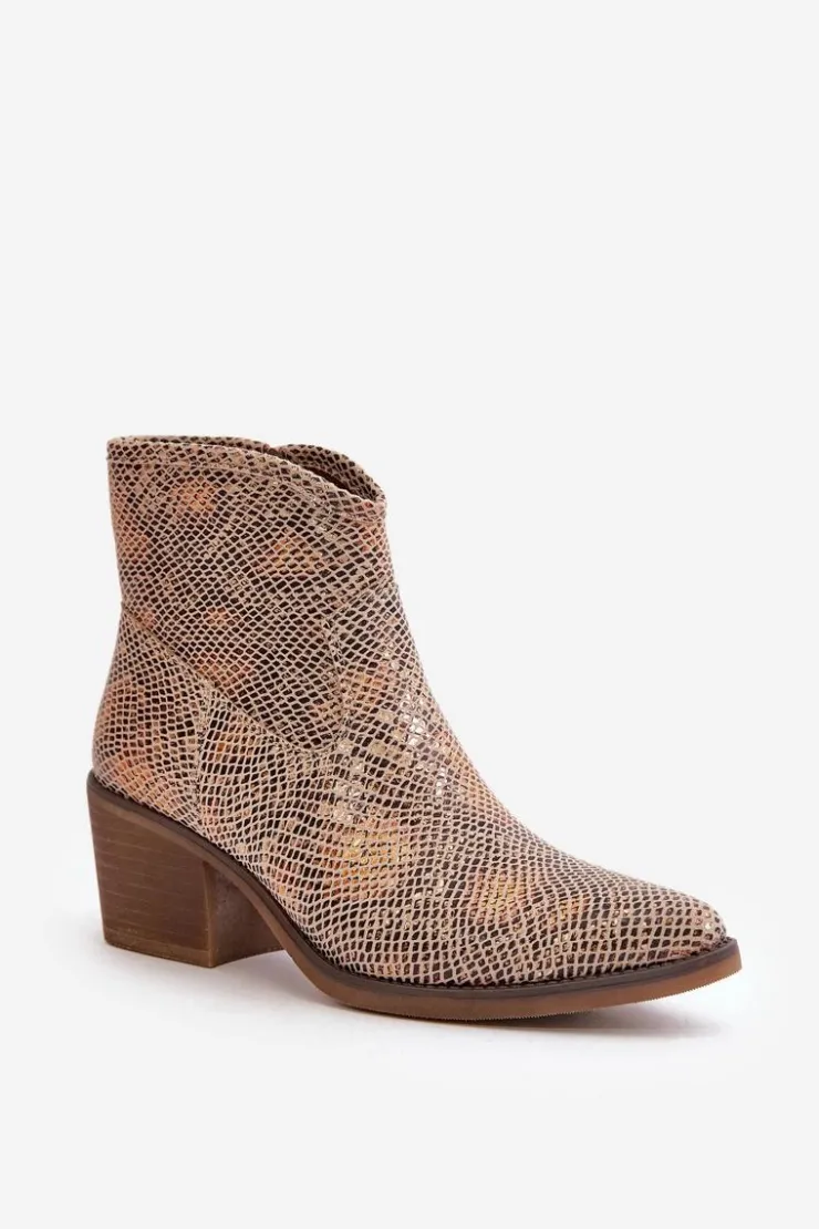 Boto Botki Ażurowe|Brązowe I Beżowe Botki*Botki Kowbojki Damskie Zapinane Na Zamek Zwierzęcy Wzór Złote Merisine