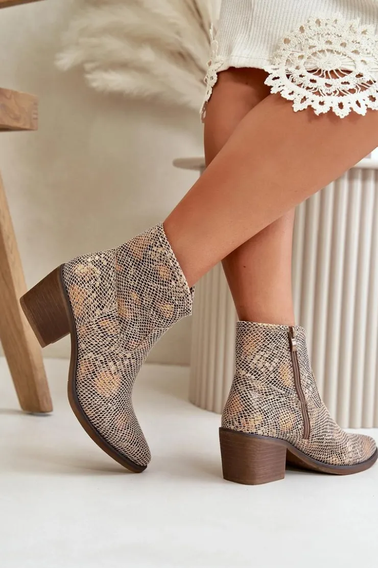 Boto Botki Ażurowe|Brązowe I Beżowe Botki*Botki Kowbojki Damskie Zapinane Na Zamek Zwierzęcy Wzór Złote Merisine