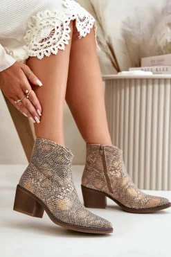 Boto Botki Ażurowe|Brązowe I Beżowe Botki*Botki Kowbojki Damskie Zapinane Na Zamek Zwierzęcy Wzór Złote Merisine
