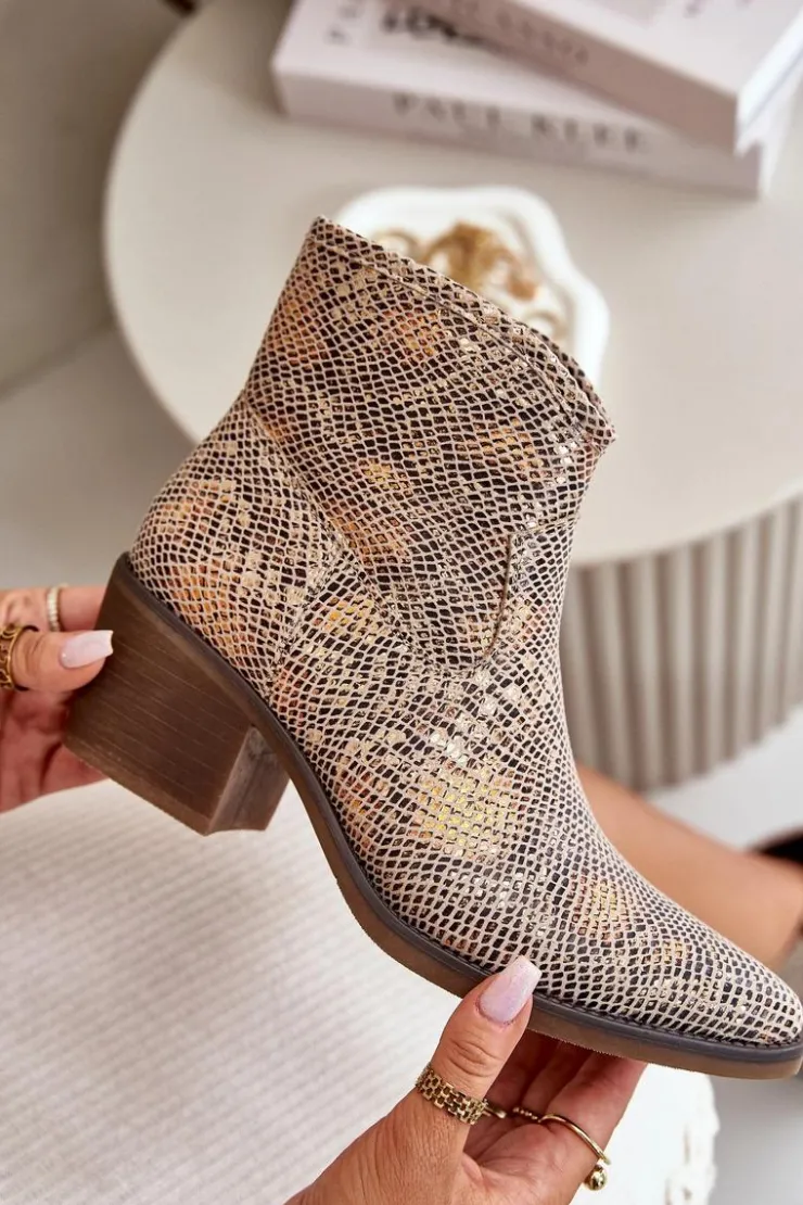 Boto Botki Ażurowe|Brązowe I Beżowe Botki*Botki Kowbojki Damskie Zapinane Na Zamek Zwierzęcy Wzór Złote Merisine