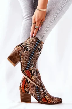 Damskie Boto Botki Kowbojki Lewski Pomarańczowo-Niebieskie Wężowy Wzór EV28