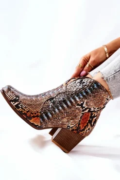 Damskie Boto Botki Kowbojki Lewski Pomarańczowo-Niebieskie Wężowy Wzór EV28