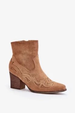 Damskie Boto Botki Kowbojki Na Słupku Eko Zamszowe Brązowe Arabelline