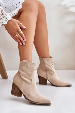 Boto Botki Wiosenne|Botki Na Słupku*Botki Kowbojki Na Słupku Eko Zamszowe Jasnobeżowe Belorinae
