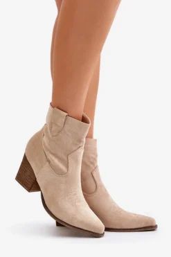 Boto Botki Wiosenne|Botki Na Słupku*Botki Kowbojki Na Słupku Eko Zamszowe Jasnobeżowe Belorinae