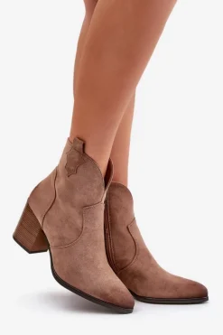 Damskie Buty damskie Vinceza Botki Kowbojki Na Słupku Ocieplane Z Eko Zamszu Vinceza 58345 Ciemnobeżowe