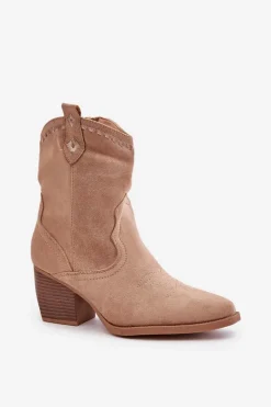 Discount Boto Botki Kowbojki Na Słupku Z Eko Zamszu Beżowe Narinae