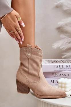 Discount Boto Botki Kowbojki Na Słupku Z Eko Zamszu Beżowe Narinae