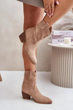 Discount Boto Botki Kowbojki Na Słupku Z Eko Zamszu Beżowe Narinae