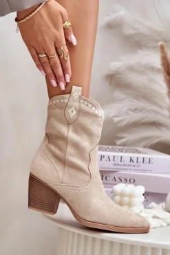 Damskie Boto Botki Kowbojki Na Słupku Z Eko Zamszu Jasnobeżowe Narinae