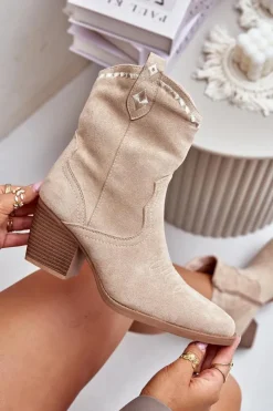 Damskie Boto Botki Kowbojki Na Słupku Z Eko Zamszu Jasnobeżowe Narinae