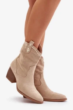 Damskie Boto Botki Kowbojki Na Słupku Z Eko Zamszu Jasnobeżowe Narinae