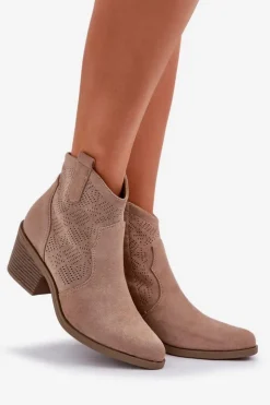Hot Damskie buty S.Barski Botki Kowbojki Na Zamek Eko Zamszowe Ażurowe S.Barski HY51-061 Beżowe