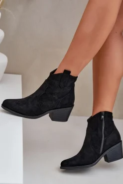 Clearance Damskie buty S.Barski Botki Kowbojki Na Zamek Eko Zamszowe Ażurowe S.Barski HY51-061 Czarne Czarny