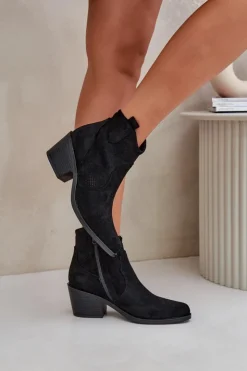 Clearance Damskie buty S.Barski Botki Kowbojki Na Zamek Eko Zamszowe Ażurowe S.Barski HY51-061 Czarne Czarny