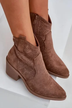 Damskie Damskie buty S.Barski Botki Kowbojki Na Zamek Eko Zamszowe Ażurowe S.Barski HY51-061 Brązowe