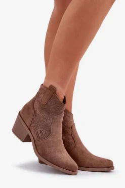 Damskie Damskie buty S.Barski Botki Kowbojki Na Zamek Eko Zamszowe Ażurowe S.Barski HY51-061 Brązowe