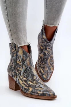 Outlet Maciejka Botki Kowbojki Skórzane Damskie Na Obcasie 05776-13 Niebieskie