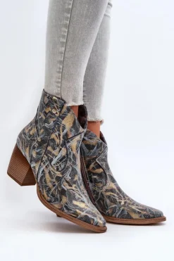 Outlet Maciejka Botki Kowbojki Skórzane Damskie Na Obcasie 05776-13 Niebieskie