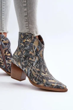 Outlet Maciejka Botki Kowbojki Skórzane Damskie Na Obcasie 05776-13 Niebieskie