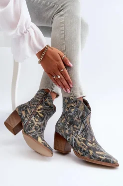 Outlet Maciejka Botki Kowbojki Skórzane Damskie Na Obcasie 05776-13 Niebieskie