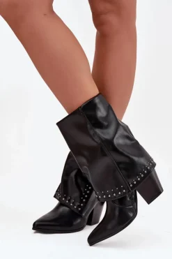 Boto Botki Ocieplane|Botki Skórzane*Botki Kowbojki Z Wywiniętą Cholewką I Zdobieniem Ocieplane Czarne Inessia Czarny