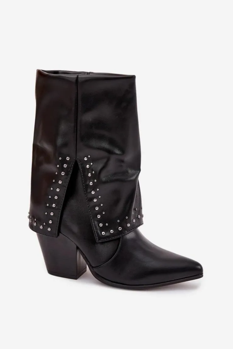 Boto Botki Ocieplane|Botki Skórzane*Botki Kowbojki Z Wywiniętą Cholewką I Zdobieniem Ocieplane Czarne Inessia Czarny