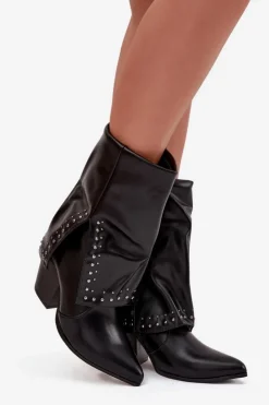 Boto Botki Ocieplane|Botki Skórzane*Botki Kowbojki Z Wywiniętą Cholewką I Zdobieniem Ocieplane Czarne Inessia Czarny