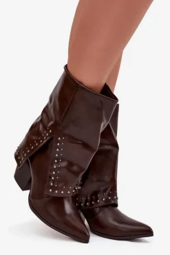 Damskie Boto Botki Kowbojki Z Wywiniętą Cholewką I Zdobieniem Ocieplane Czekoladowe Inessia