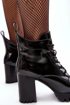 Damskie buty S.Barski Botki Sznurowane|Botki Na Słupku*Botki Lakierowane Na Słupku Ocieplane Czarne D&A MR870-54