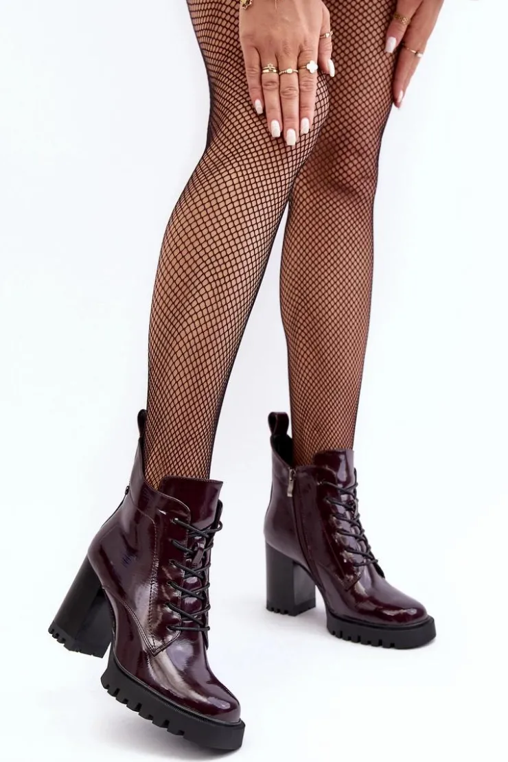 Hot Damskie buty S.Barski Botki Lakierowane Na Słupku Ocieplane Bordowe D&A MR870-54