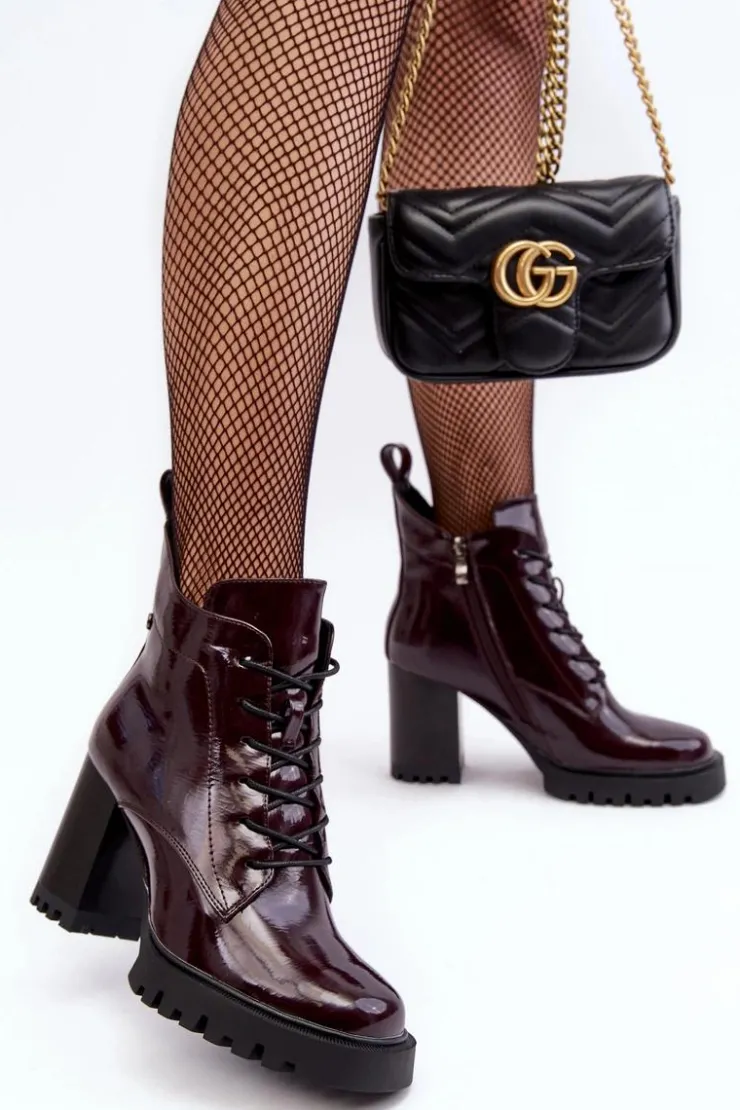 Hot Damskie buty S.Barski Botki Lakierowane Na Słupku Ocieplane Bordowe D&A MR870-54