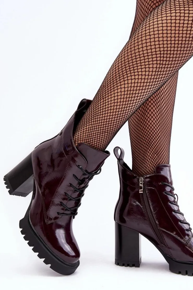 Hot Damskie buty S.Barski Botki Lakierowane Na Słupku Ocieplane Bordowe D&A MR870-54