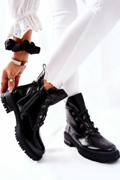 Buty Sergio Leone Czarne Botki|Botki Zimowe Damskie*Botki Lakierowane Ocieplane Sergio Leone Czarne TR744