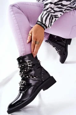 Boto Czarne Botki|Botki Zimowe Damskie*Botki Lakierowane Z Paskami Czarne Loristy